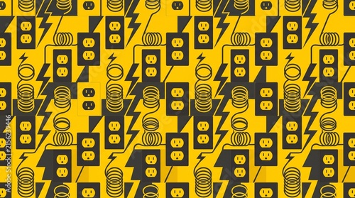 Seamless repeating vector pattern combining lightning bolts, wire coils, and outlet shapes, two-tone flat palette (safety yellow and charcoal), tileable, no gradients, minimalist industrial geometric 