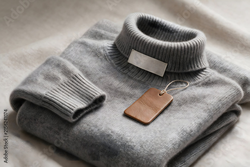 Luxury Clothing Label and Leather Hang Tag Mockup on Folded Cashmere Garment