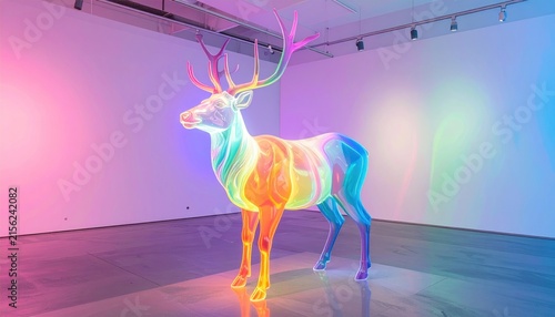 Iridescent neon deer sculpture in a gallery room.