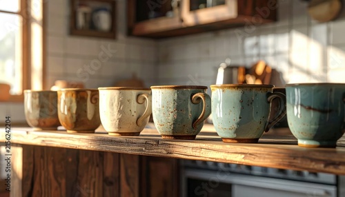 Handmade ceramic mugs lined up on kitchen counter.