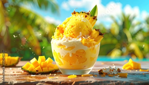 Gourmet mango ice cream bowl on a sunny wooden table.