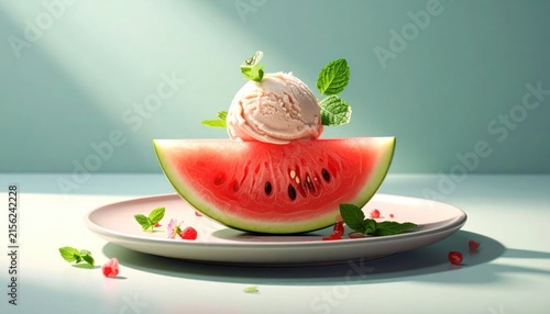 Gourmet watermelon slice topped with ice cream scoop.