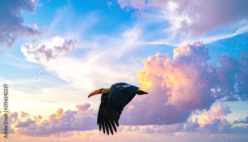 Large bird flying through dramatic sunset clouds.