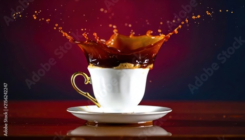 Liquid coffee splashing out of white ceramic cup.