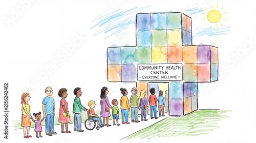 Diverse community members queue for health center in hand-drawn crayon illustration