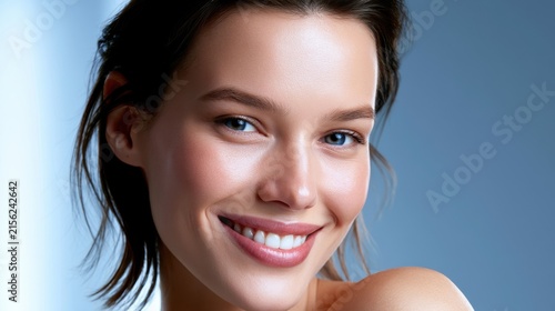 Smiling person with long dark hair and blue eyes in a simple background