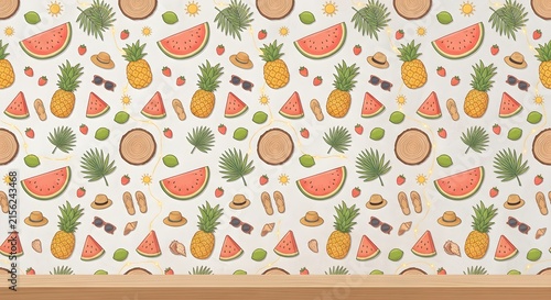 A seamless wallpaper background pattern of summer travel and tropical fruit doodles above a clean wooden table ledge. The pattern consists of repeating hand-drawn illustrations of sliced watermelons, 