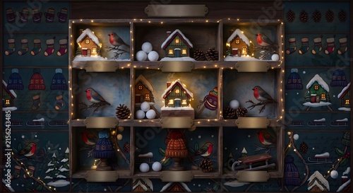 A warm, festive shadow box grid filled with winter-themed miniatures against a dark slate background. The nine compartments feature lit snow-covered cabins, European robins perched on branches, stacks