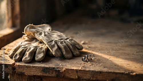 Worn work gloves resting on wooden workshop table with warm sunlight. Rustic craftsmanship concept for labor and manual work themes.