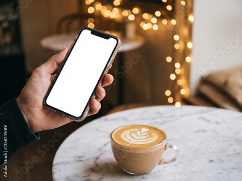 Young professional holding blank smartphone over latte art coffee cup in cozy cafe setting