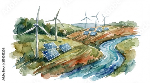 Watercolor illustration of renewable energy landscape with wind turbines and solar panels