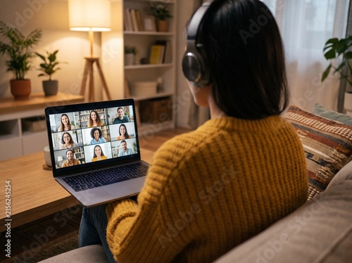 Professional woman in headphones attending virtual meeting on laptop at home office