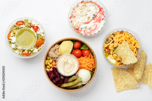 Still life with healthy food on a white background