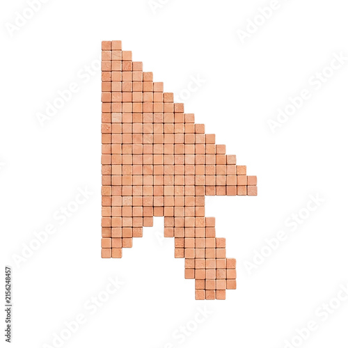 Pixelated cursor arrow made of small orange cubes, computer mouse pointer symbol.