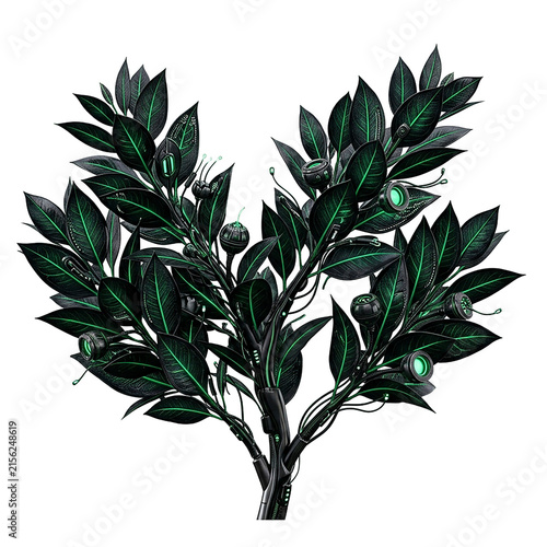 Sci fi mechanical tree with glowing green circuits and leaves.