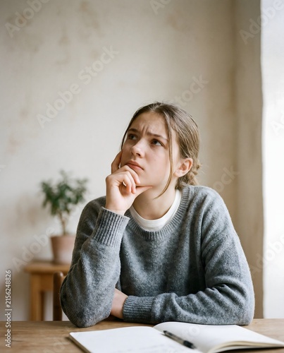 Thoughtful young woman studying with notebook at home