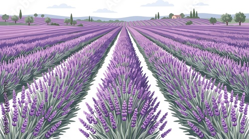 Lavender Field Rows Floret Texture — Purple Silver Green Perspective Vivid Flat Vector
