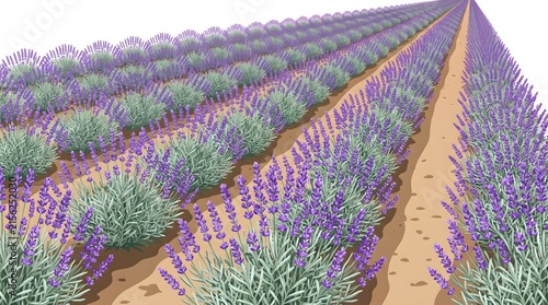 Lavender Field Rows Floret Texture — Purple Silver Green Perspective Vivid Flat Vector