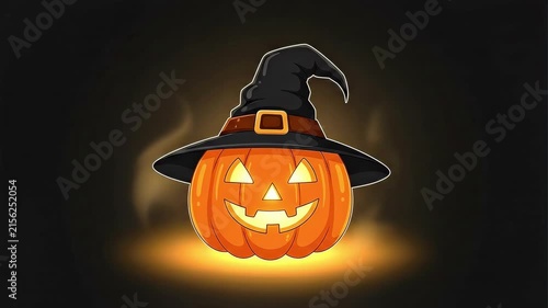Animated Glowing Halloween Jack O Lantern with Witch Hat.