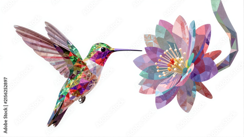 Naklejka premium Colorful hummingbird hovers near vibrant, geometric flower with intricate polygonal patterns.