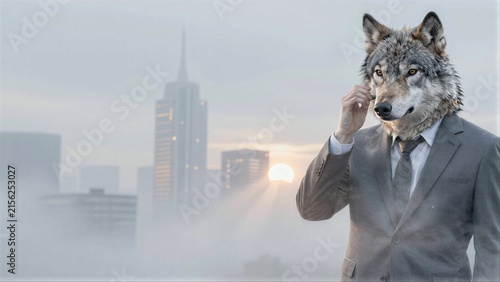 Wolf in suit stands before misty cityscape, sun glows behind towering buildings.