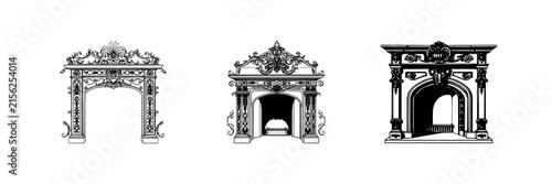 Fireplace mantels set with ornate Victorian line art of a grand fireplace featuring decorative flourishes, detailed engraving, white background with line art and Victorian