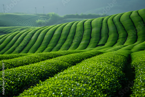 幾何学的な列が広がる緑豊かな茶畑の農業風景