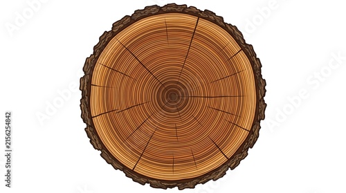 Oak Tree Trunk Cross Section Annual Rings — Walnut Amber Bark Texture Lush Flat Vector