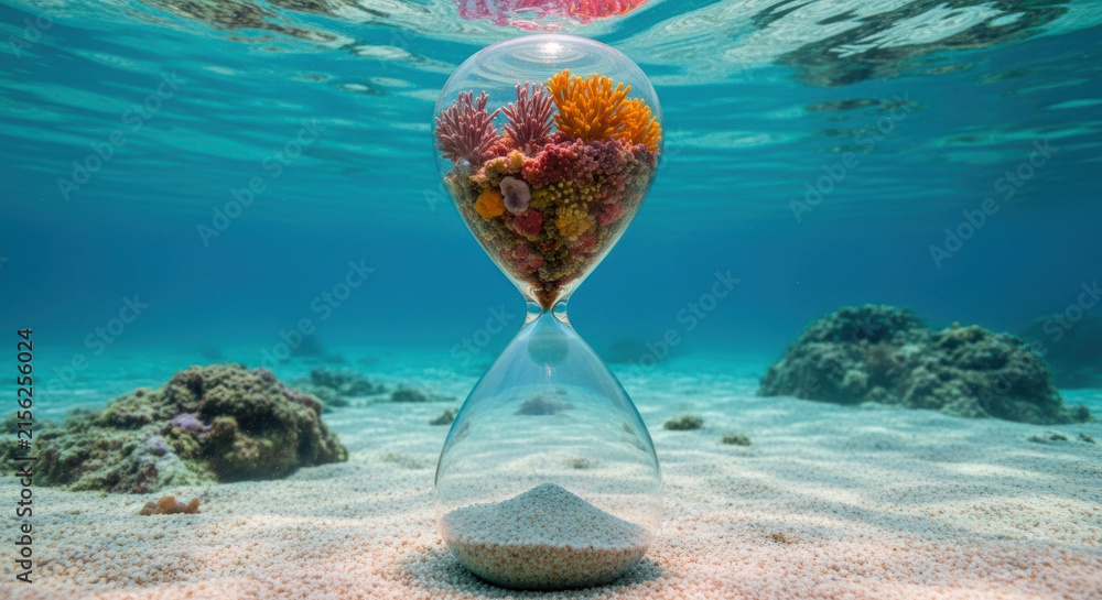 Fototapeta premium Ocean coral inside hourglass underwater symbolizes health and preservation of marine life in clear blue sea environment full of hope and care