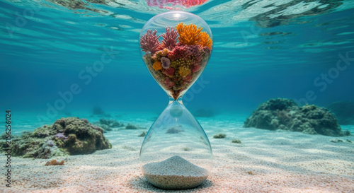 Ocean coral inside hourglass underwater symbolizes health and preservation of marine life in clear blue sea environment full of hope and care