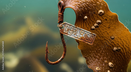 Rusty fishing hook with depleted tag underwater near ocean kelp highlighting ocean health and preservation concerns in marine environment