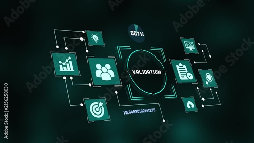 Futuristic dark green digital HUD screen showcasing data validation concept with icons and network nodes