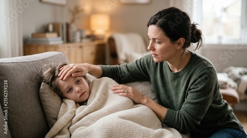 Mother checks childs forehead for fever while child is sick and wrapped in a blanket on the couch