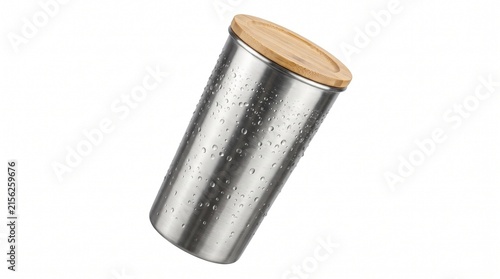 Reusable stainless steel coffee tumbler with bamboo lid and water droplets