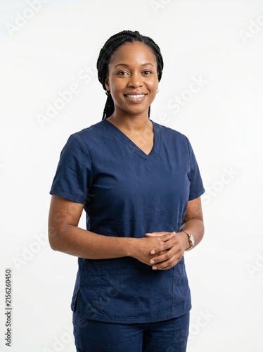Smiling Black Woman Nurse Wearing Navy Blue Scrubs Studio Portrait