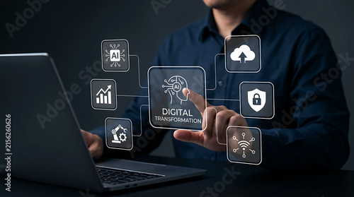 Businessman interacting with digital transformation and artificial intelligence UI