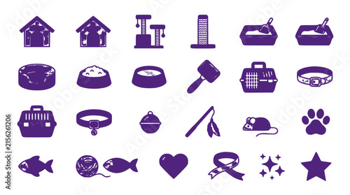 Cat Pet Supplies Icons Set: Isolated Purple Vector Graphics Collection