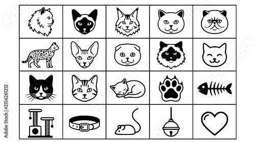 Collection of Cat Breeds and Accessories Icons - Isolated Vector Graphics