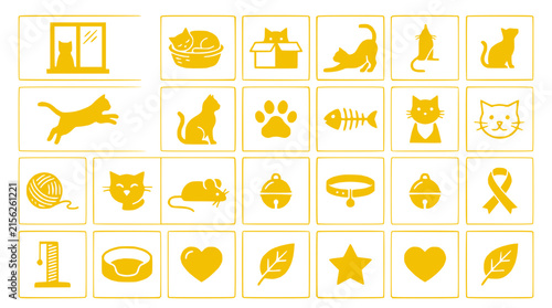 Cute Cat Icons Set: Yellow Silhouette Graphics on Transparent Background