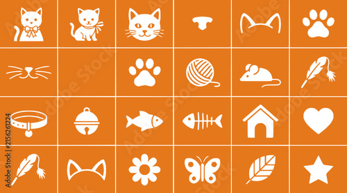 Cute Cat Icons Set: Kitten, Paw Print, Fish, Toy, House, Heart, Feather