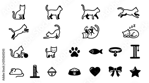 Cat Icons Set: Isolated Vector Illustrations of Feline Actions and Accessories