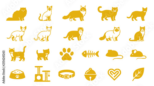 Golden Cat Icons: Silhouettes of Feline Breeds, Paws, Food, Toys, and Accessories