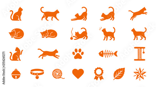 Orange Cat Icons Collection: Silhouettes of Feline Poses and Accessories