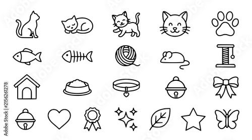 Cute Cat Icons Set: Kittens, Fish, Toys, and Accessories on Transparent Background