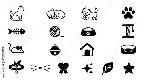 Cute Cat Icons: Collection of Isolated Feline & Pet Related Symbols