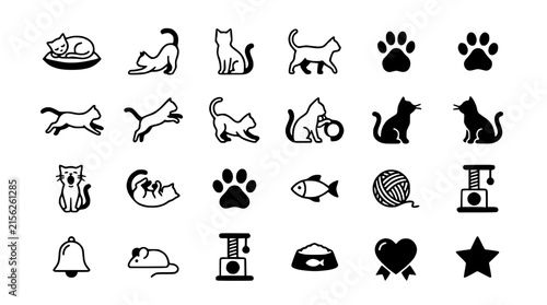 Cat Icons Set: Sleeping, Playing, Walking, Paw Prints, Food, Toys