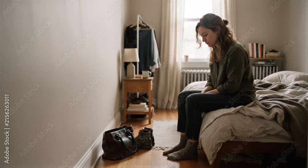 Fototapeta premium Melancholic Woman Sitting on Bed Before Leaving Home with Copy Space