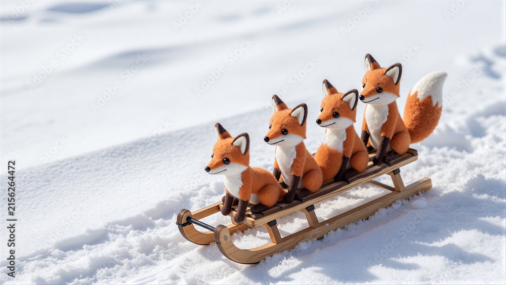 Naklejka premium Four plush foxes ride a wooden sled through snowy landscape.