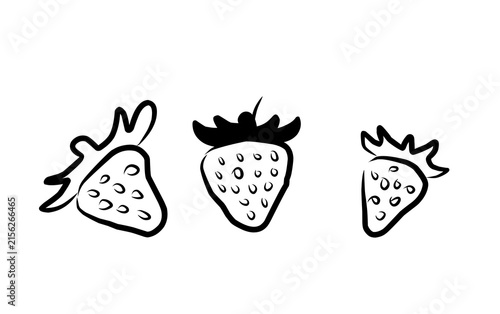 Set of three hand-drawn black and white line art strawberries with leafy tops, sketchy outlines