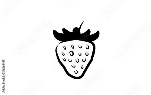 Minimalist hand-drawn strawberry with leaves and stem, black line art icon on white background